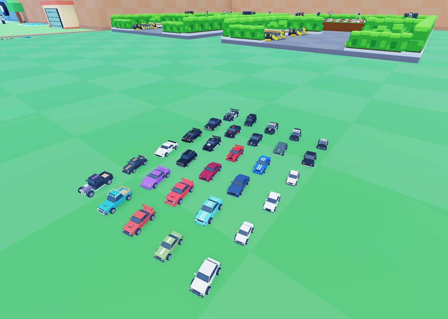 Thirty miniature car models neatly arranged by biome and rarity in Roblox Studio.